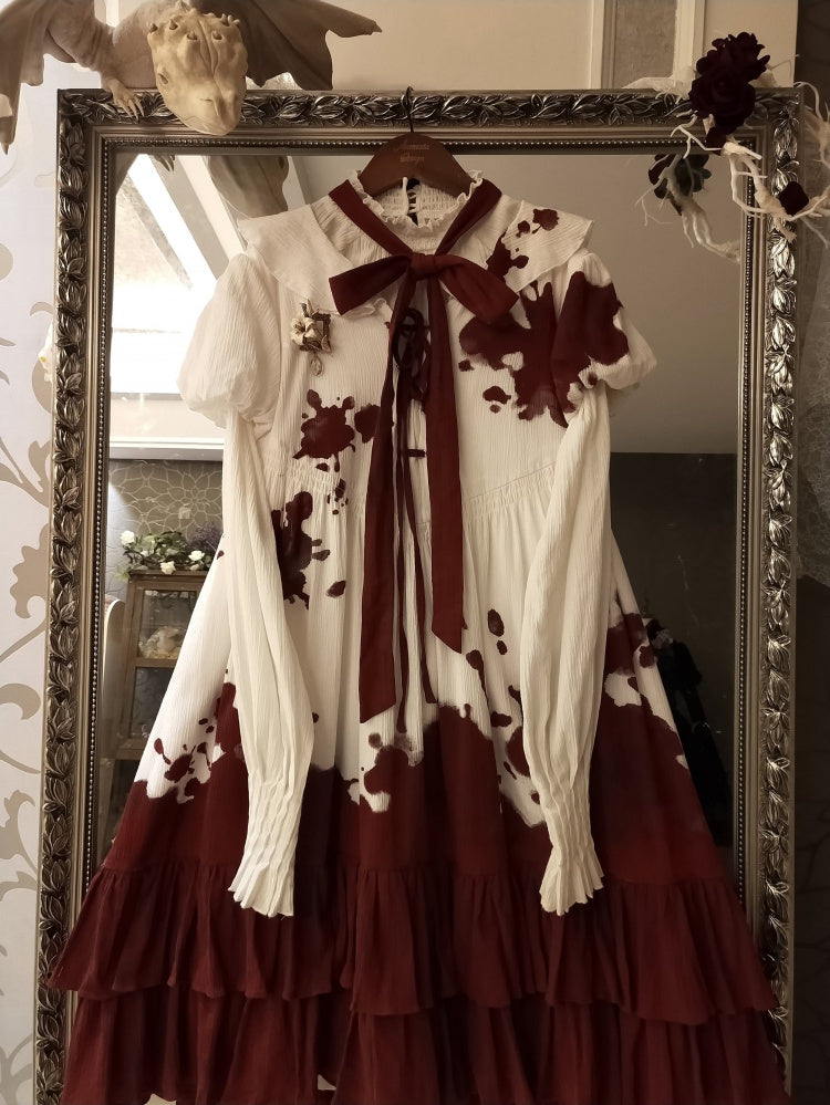 Romeo Collection White and Red Lace-up Front Ruffle Hemline Short Sleeves Lolita OP