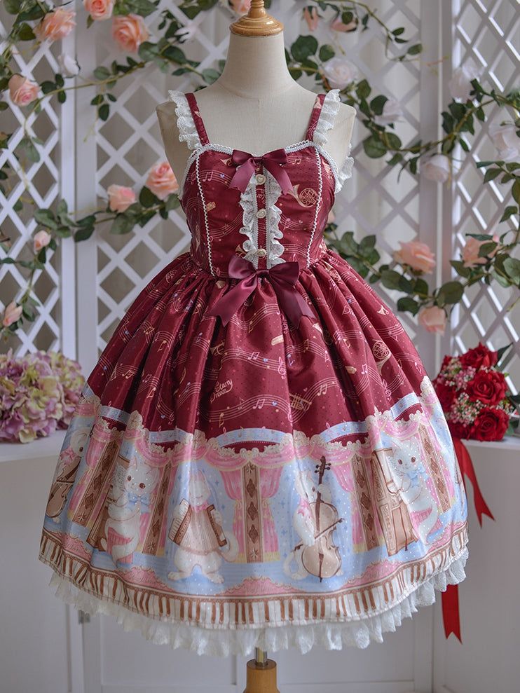 Ready to Ship-Red Jumper Skirt Sweetheart Neckline Bowknot Details Ruffle Hem