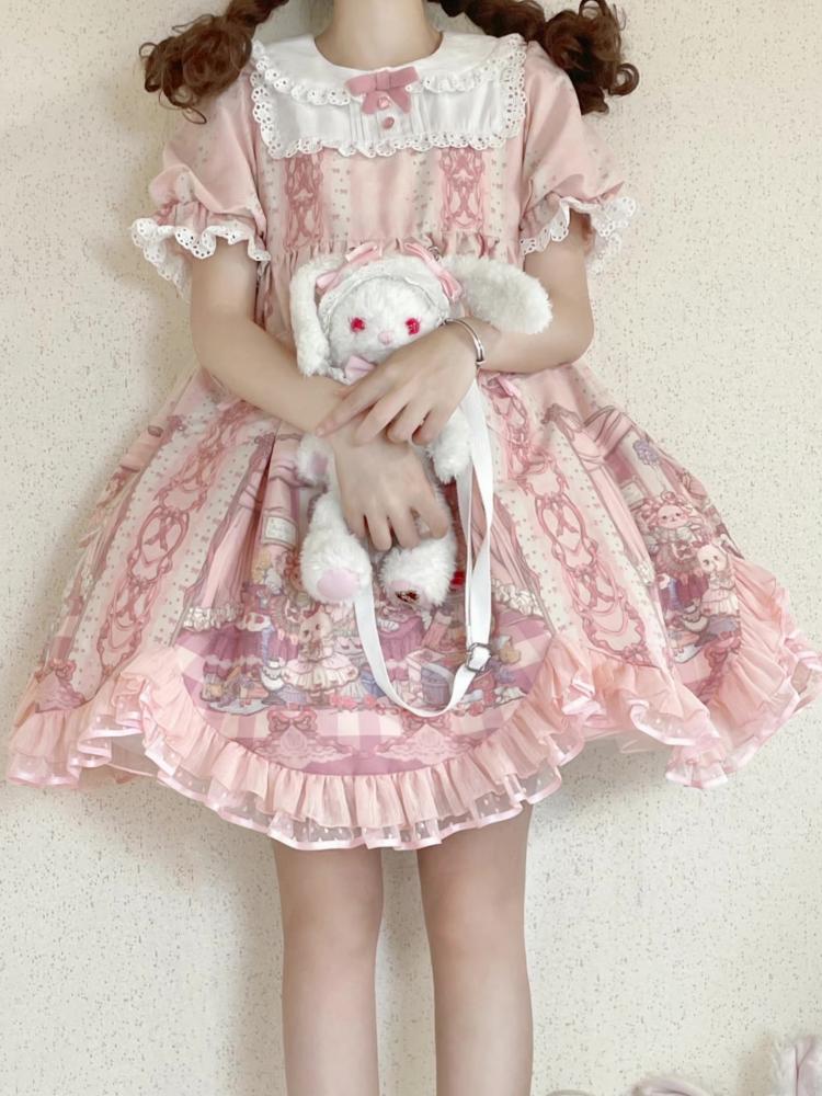 Sweet Rococo Bear, Cat and Rabbit Print Short Sleeves One Piece