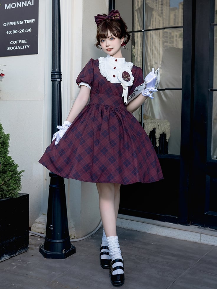 Wine Red Plaid Pattern Dress Puff Sleeves One Piece