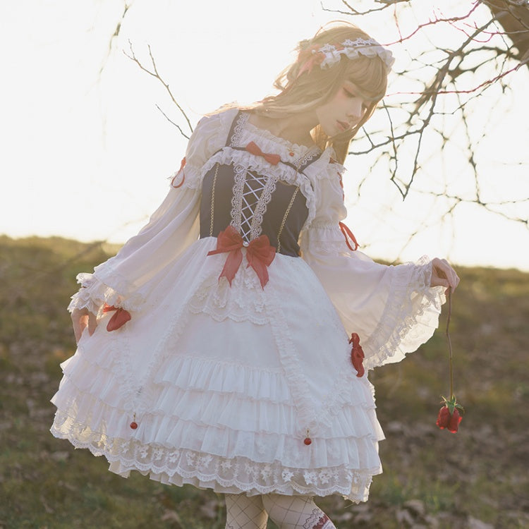 Snow White Bowknot Details Lace-up Bodice Ruffle Hem Jumper Skirt