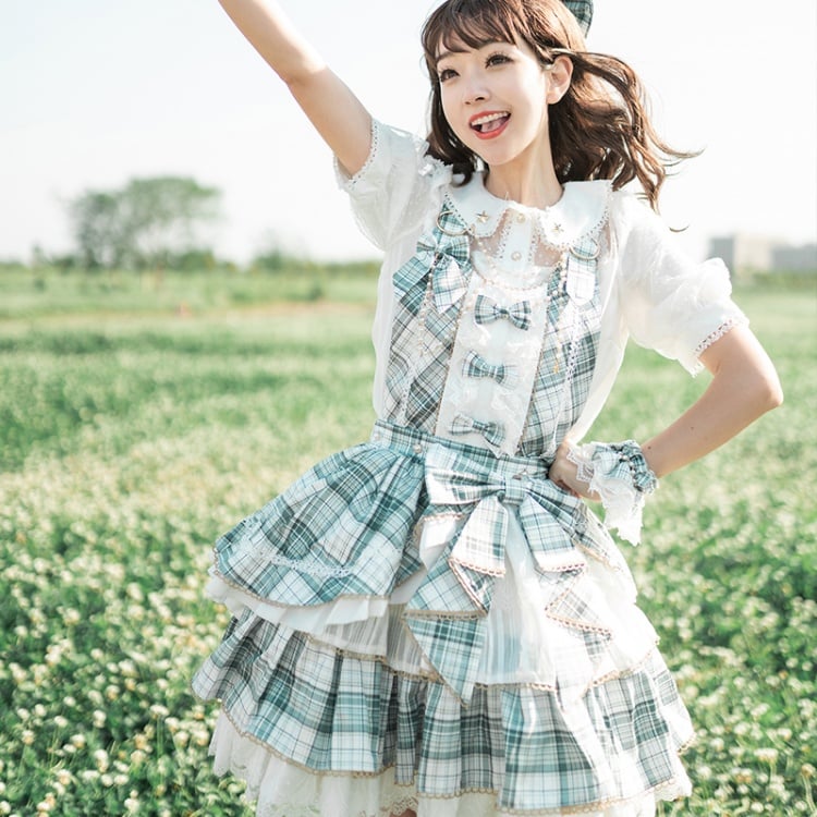 Matcha Ice Bowknot Details Plaid Ruffle Hem Idol Lolita Overall Dress