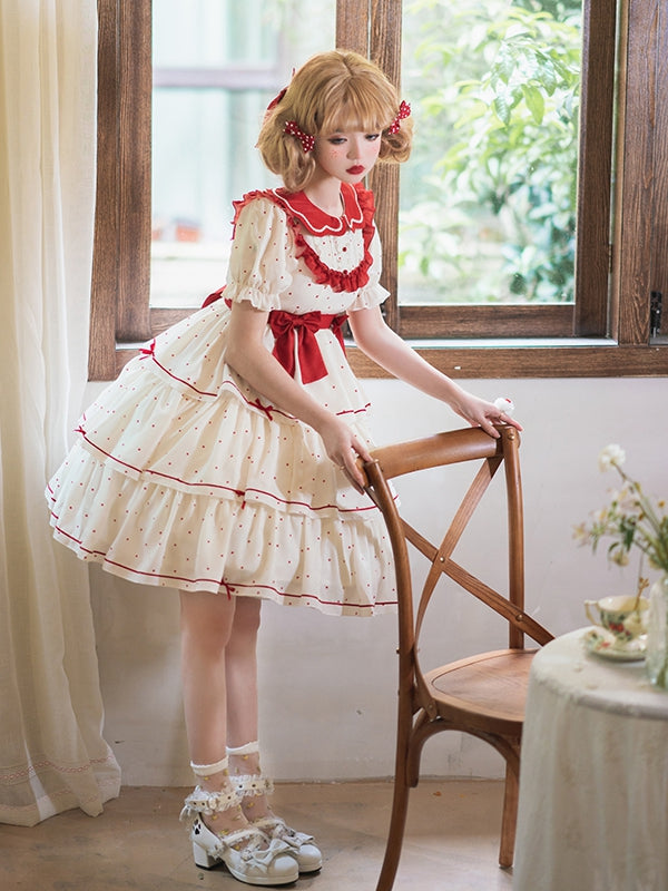 In Stock Bowknot Details Polka-dot Print Tiered Ruffle Hem Short Sleeves One Piece