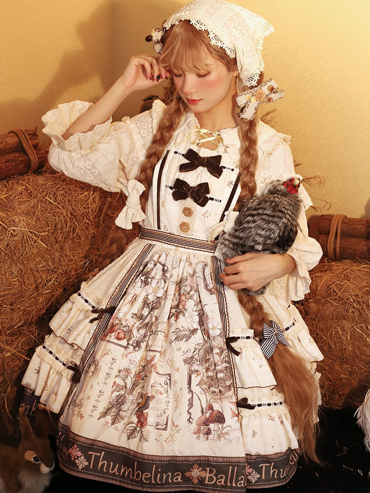 Thumbelina Floral Print Bowknot Details Overall Dress
