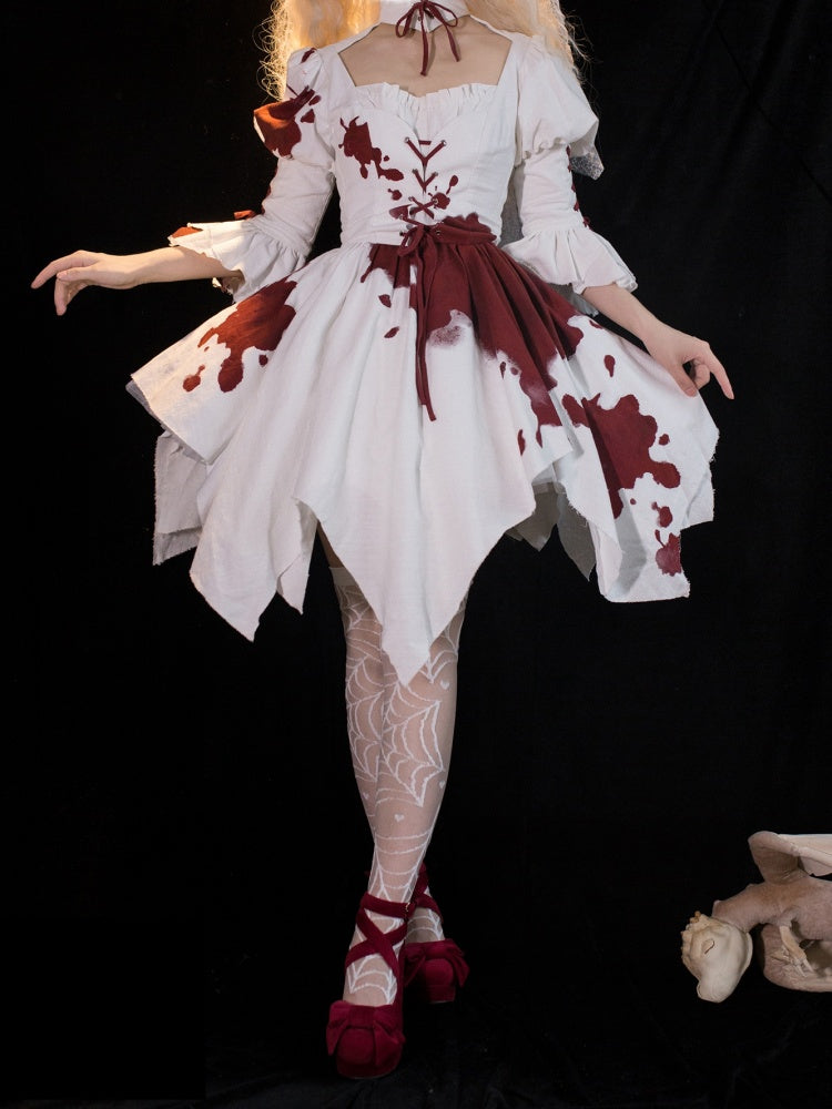 Romeo Collection White and Red Handkerchief Hem Lace-up Details Long Sleeves One Piece