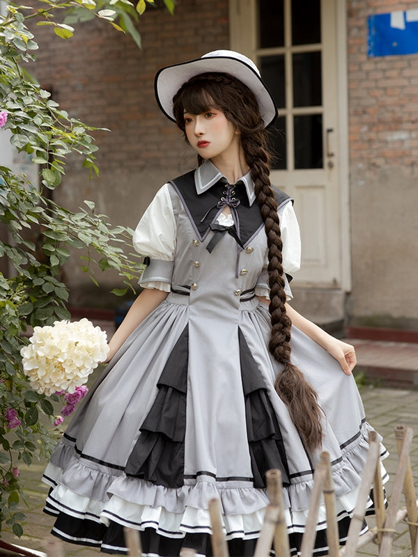 In Stock Black White Gray Tiered Ruffle Hemline Short Sleeves Lolita OP
