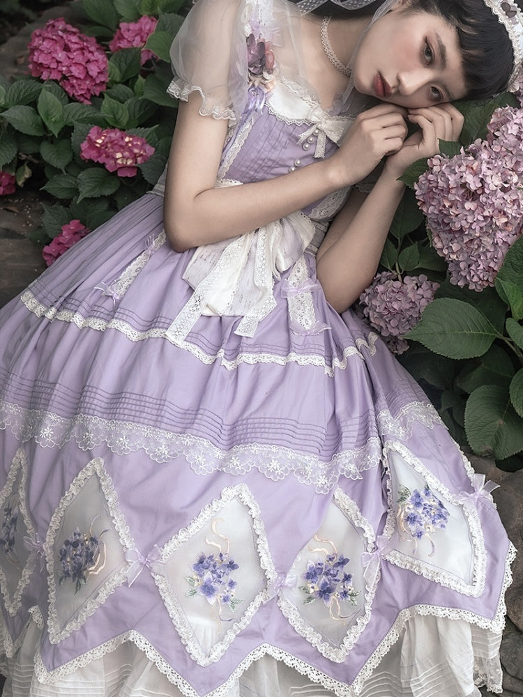In Stock Floral Embroidery Bowknot Details Lace Patches Jumper Skirt