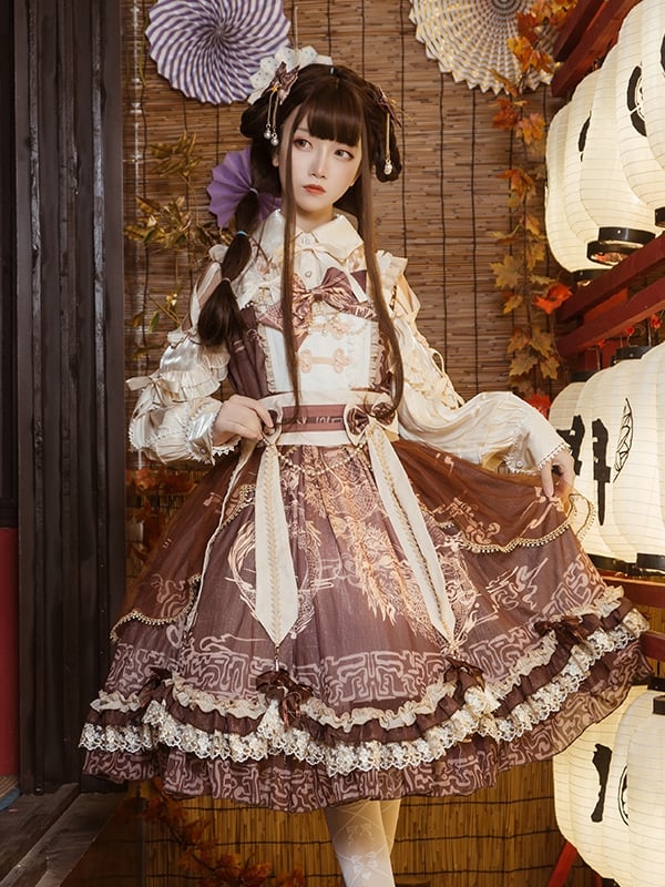In Stock Chinoiserie Style Pattern Design Dragon Print Bowknot Details Jumper Skirt
