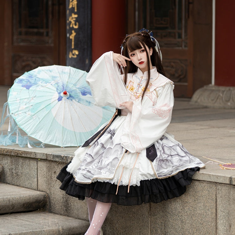 In Stock Black and White Chinoiserie Mountains-and-waters Painting Print Long Sleeves One Piece