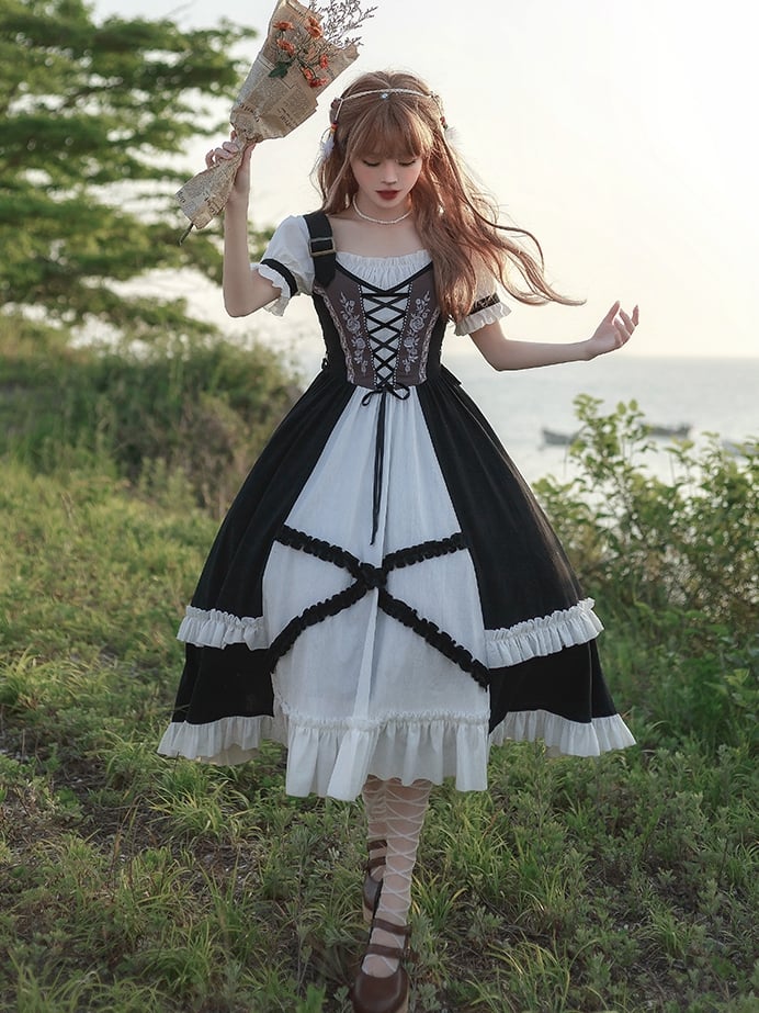 Rosette Embroidery Lace-up Details Bodice Black and White One Piece