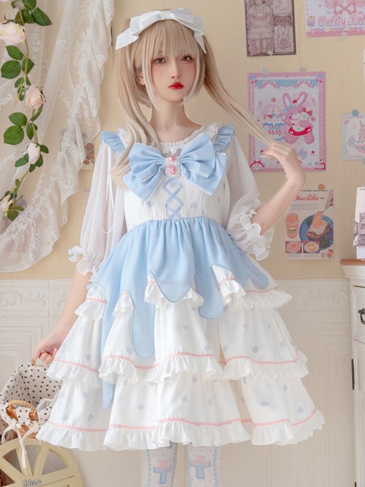 White Peach Mousse Bowknot Details High Waist Tiered Skirt and Ruffle Trim Jumper Skirt