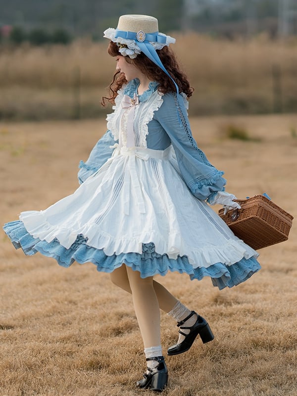 Tasha's Garden Blue Ruffle Design Long Sleeves One Piece