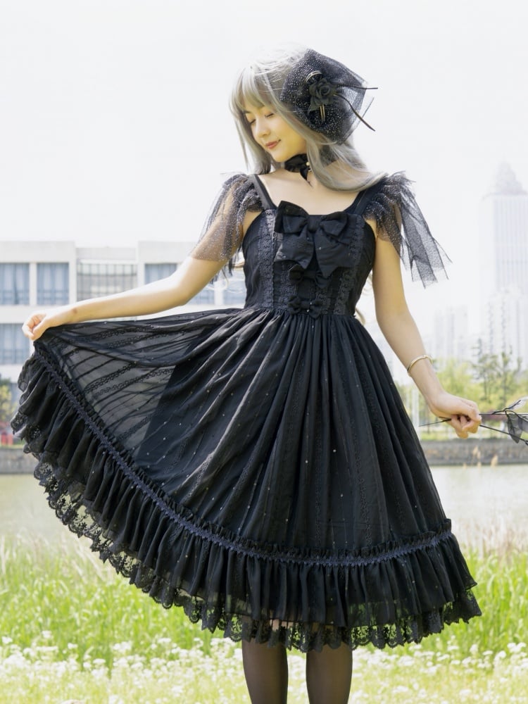 Ready to Ship-Black Jumper Skirt Square Neckline Bowknot Details Tiered Skirt and Ruffle Trim