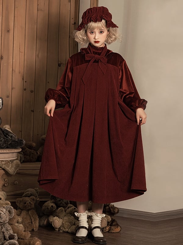 Winona Red/Black Velvet and Corduroy Ruffle Neckline Long Balloon Sleeves One Piece