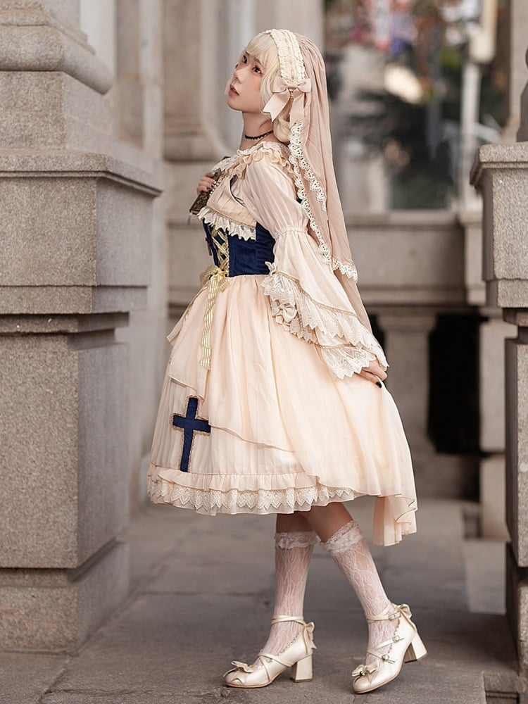 Immortal Song Beige and Dark Blue Ruffle Square Neckline Lace-up Details Jumper Skirt