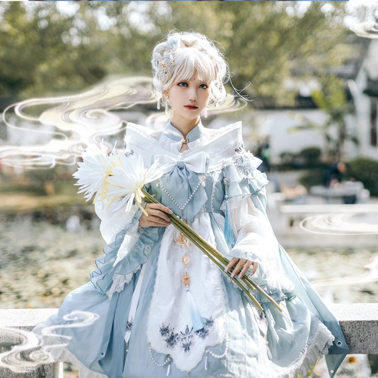 Deer and Epiphyllum Archaic Style Epiphyllum Print Beads Chain Decoration Lolita JSK Set