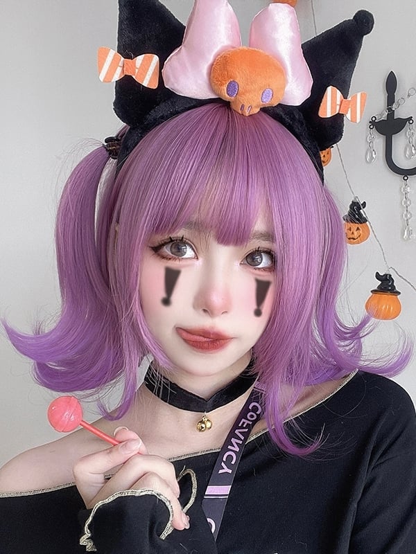 Purple Bob Cut Chin Length Curly Synthetic Wig Halloween Wig