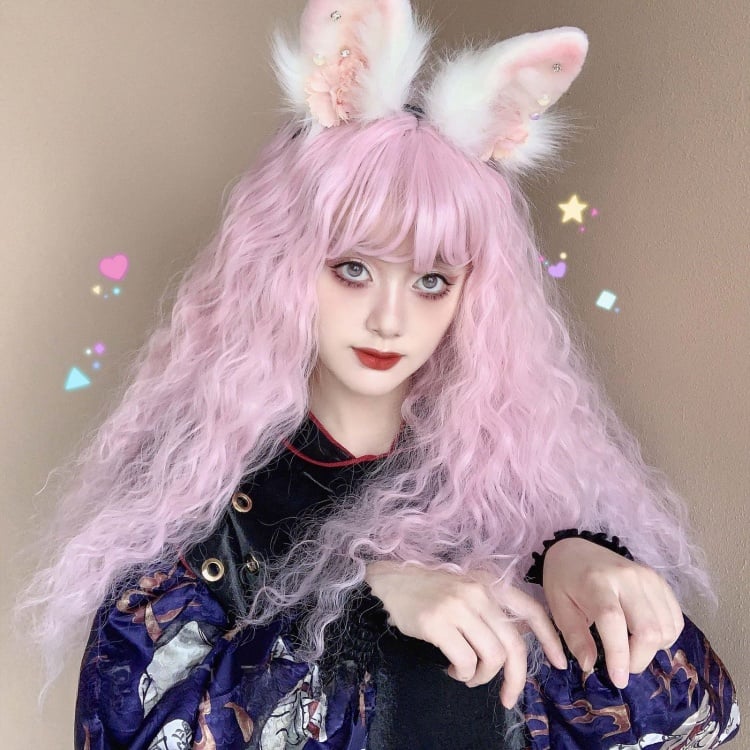 Sakura Pink Long Curly Bangs Synthetic Wig