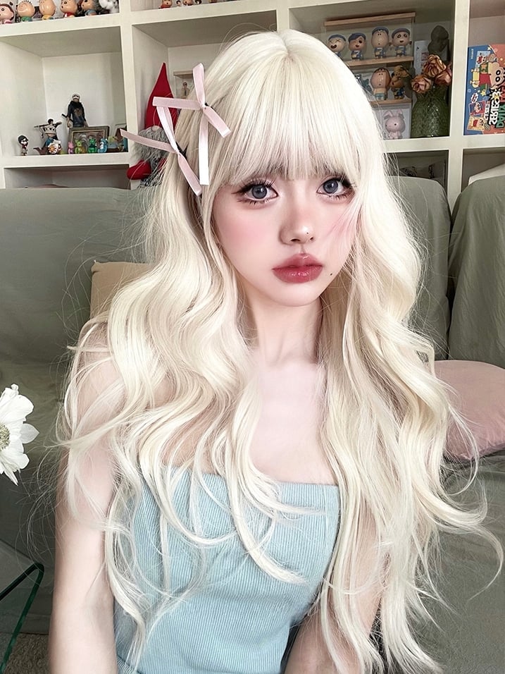 Light Blonde Long Synthetic Wavy Wig with Full Bangs