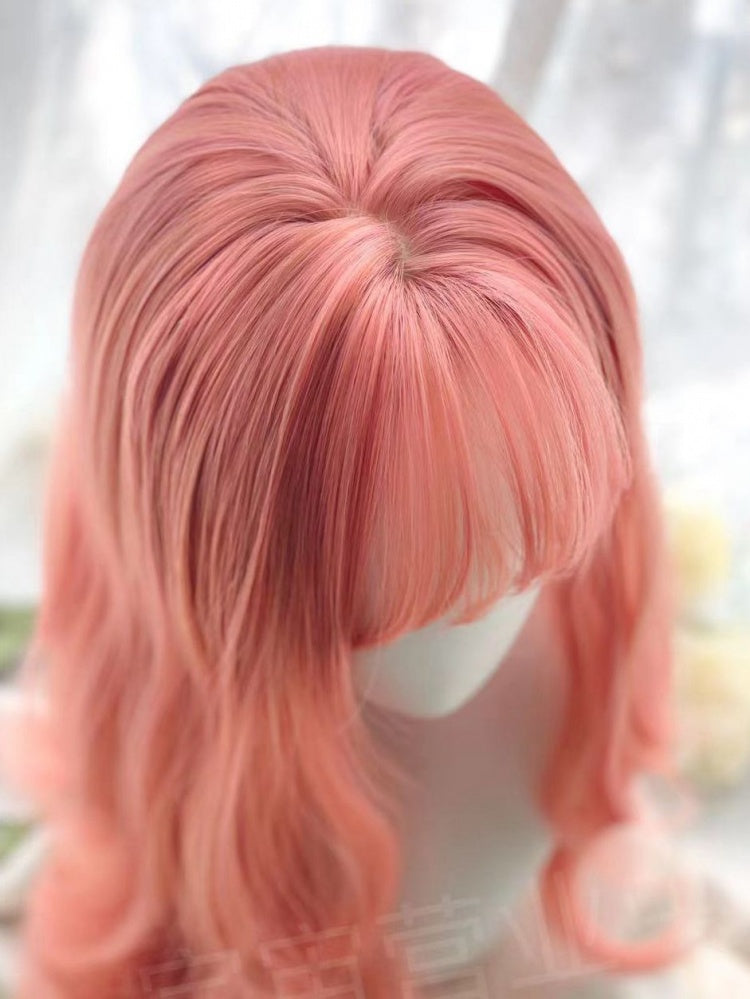Pink Long Wavy Synthetic Wig with Bangs