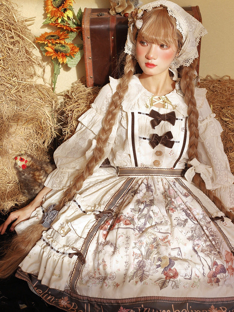 Thumbelina Floral Print Bowknot Details Overall Dress