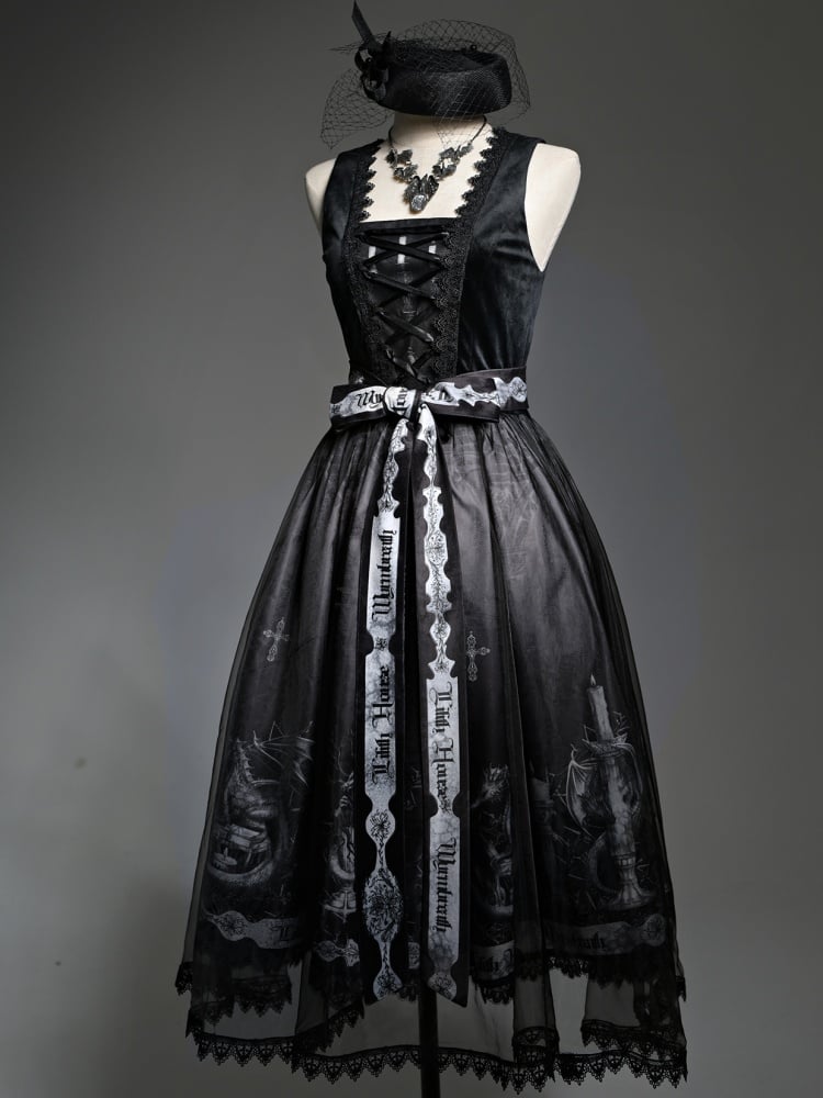 Elegant black gothic jumper skirt with dragon print styled