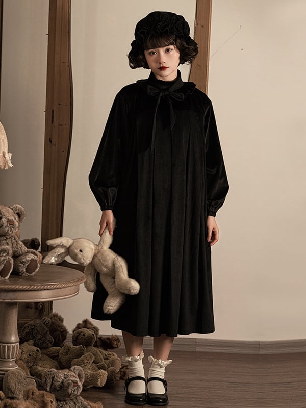 Winona Red/Black Velvet and Corduroy Ruffle Neckline Long Balloon Sleeves One Piece