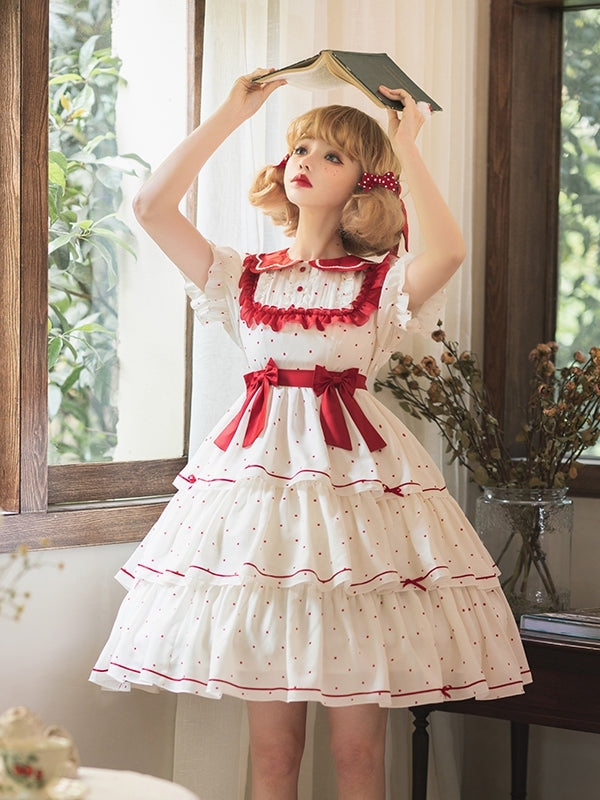 In Stock Bowknot Details Polka-dot Print Tiered Ruffle Hem Short Sleeves One Piece
