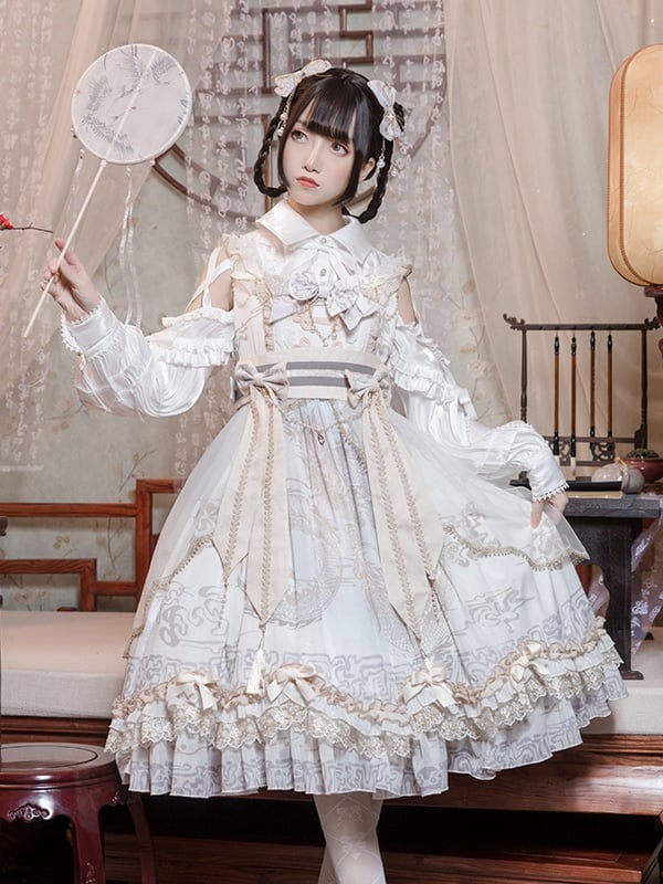 In Stock Chinoiserie Style Pattern Design Dragon Print Bowknot Details Jumper Skirt