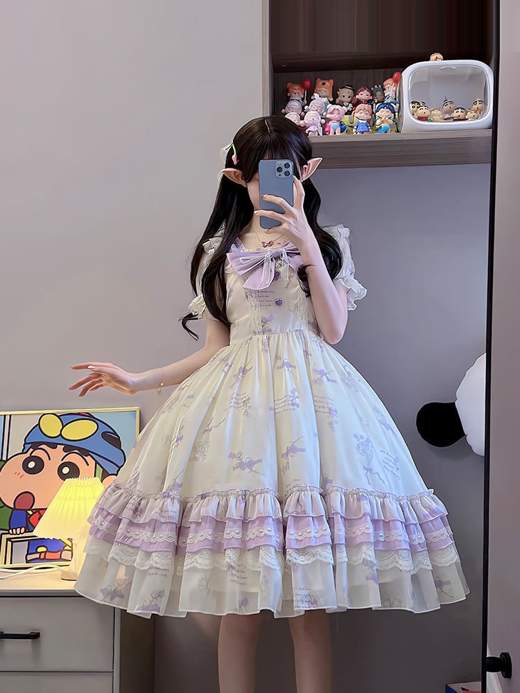 White and Purple Bluebell Print Square Neckline One Piece