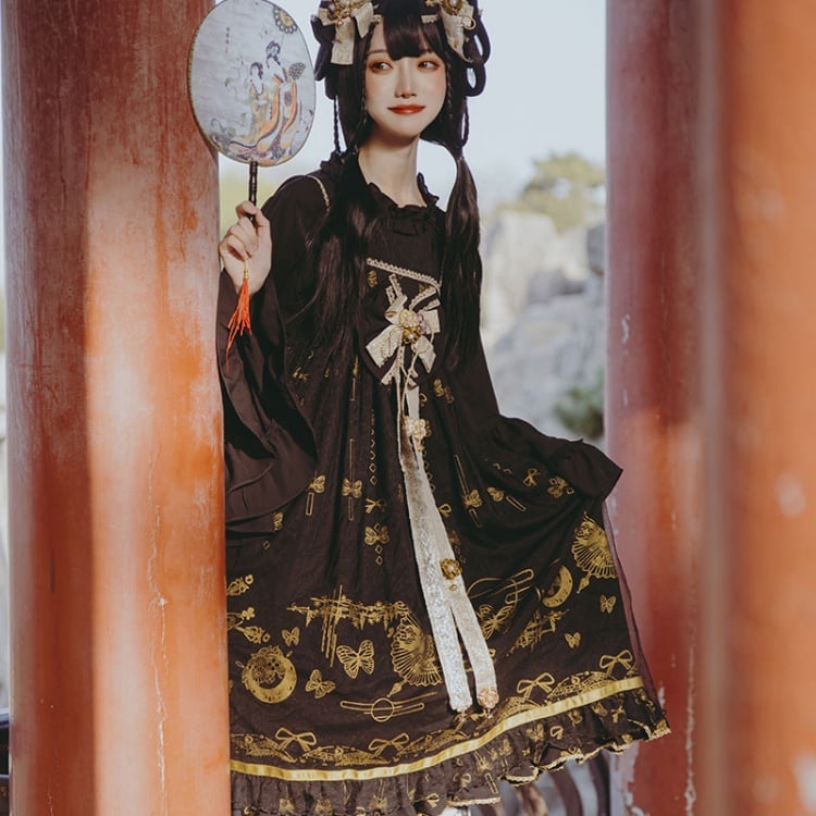 Daytime Fantasy Night Archaic Style Pattern Print Design Gold Stamping JSK