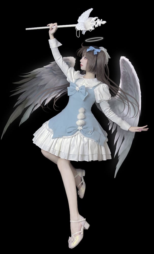 Winter Fairy Tale White and Blue Pompons Bowknot Details Jumper Skirt