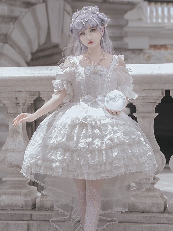 Off-the-shoulder Lace Patches Design Tiered Ruffle Hem Short Sleeves One Piece
