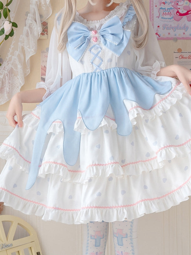 White Peach Mousse Bowknot Details High Waist Tiered Skirt and Ruffle Trim Jumper Skirt