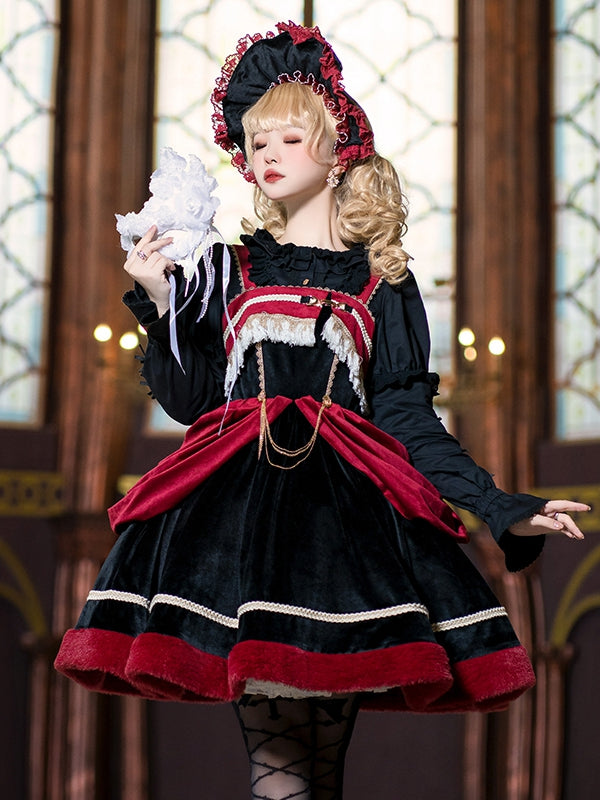Letter and Poetry Black and Red Plush Hemline Velvet Lolita JSK