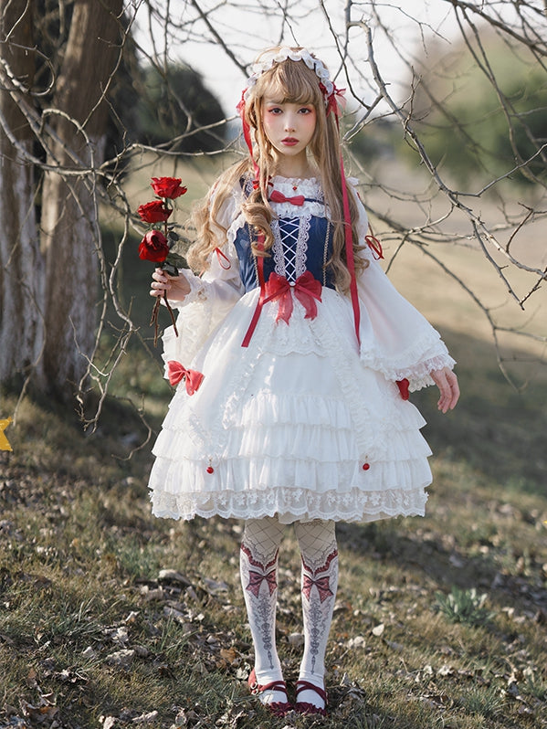 Snow White Bowknot Details Lace-up Bodice Ruffle Hem Jumper Skirt