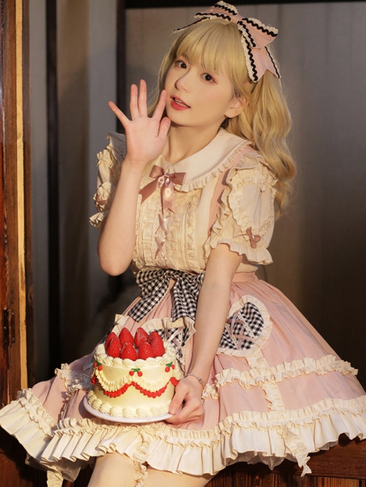 Plaid Heart-shaped Patches Pink Skirt