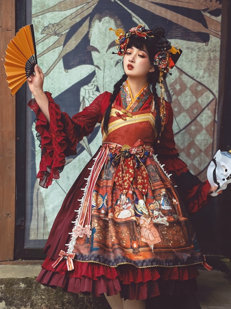 In Stock Fantasy Night Story Japanese Style Print Flounce Hem High Waist Wa Lolita JSK
