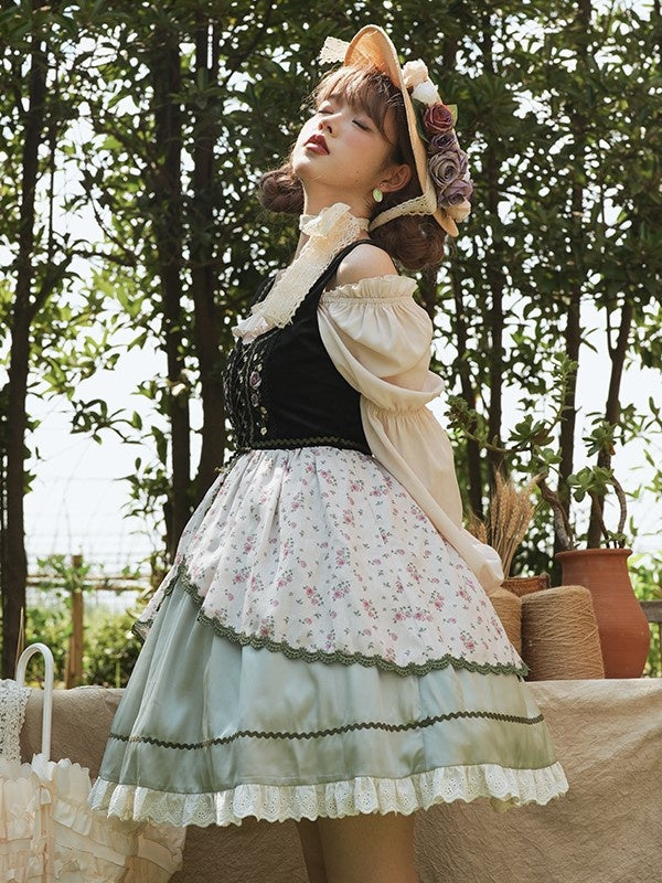 Heidi's Dream Lace-up Detail Ruffle Trim Floral Print Lolita JSK