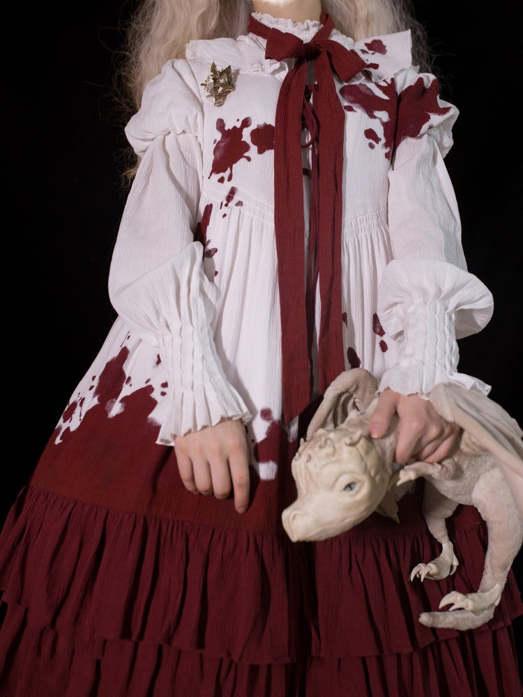 Romeo Collection White and Red Lace-up Front Ruffle Hemline Short Sleeves Lolita OP