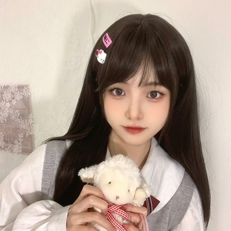 Natural Black Brown Air Bangs Long Wig