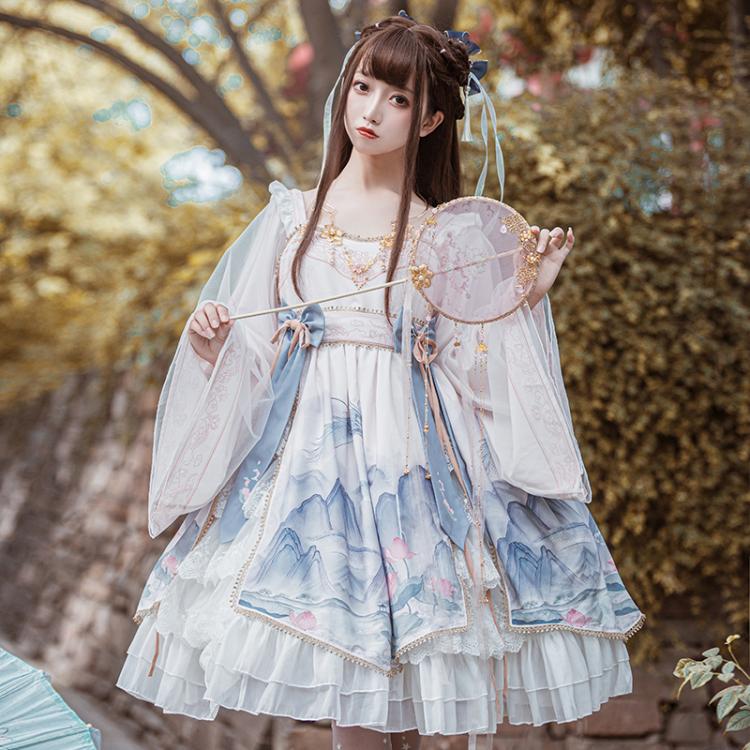 Chinoiserie Mountains-and-waters Painting Print Long Sleeves Lolita OP
