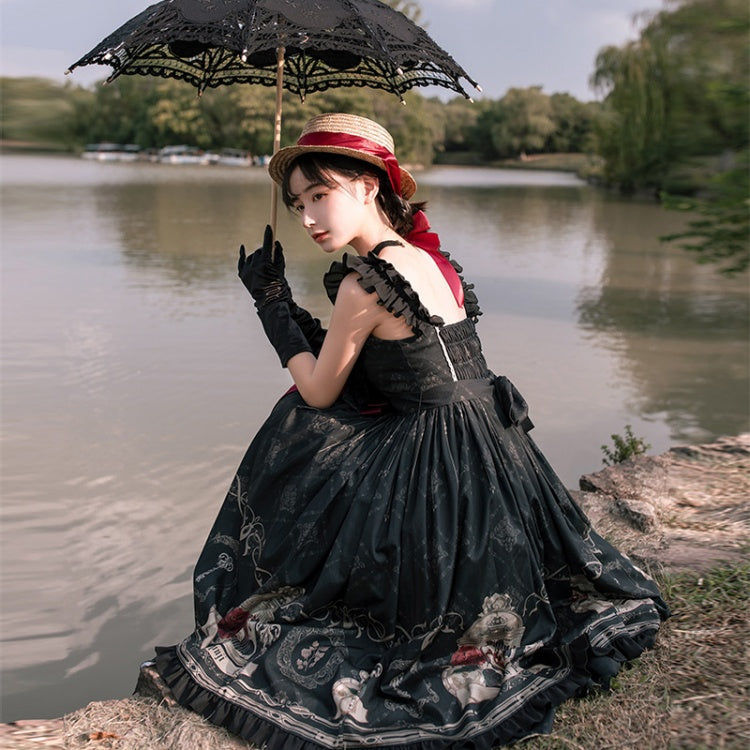 Nightingale and Rose Print Big Bow Ruffle Trim Lolita JSK