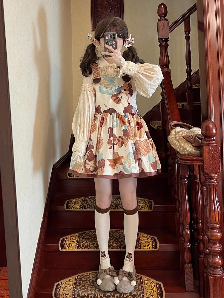 Muffin Kitten Series Dessert and Cat Print Sweet Overall Dress