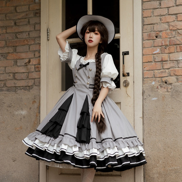 In Stock Black White Gray Tiered Ruffle Hemline Short Sleeves Lolita OP
