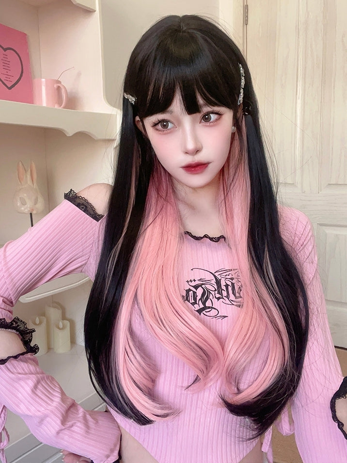 Pink Highlight Hair Color Black Medium Length Synthetic Straight Wig