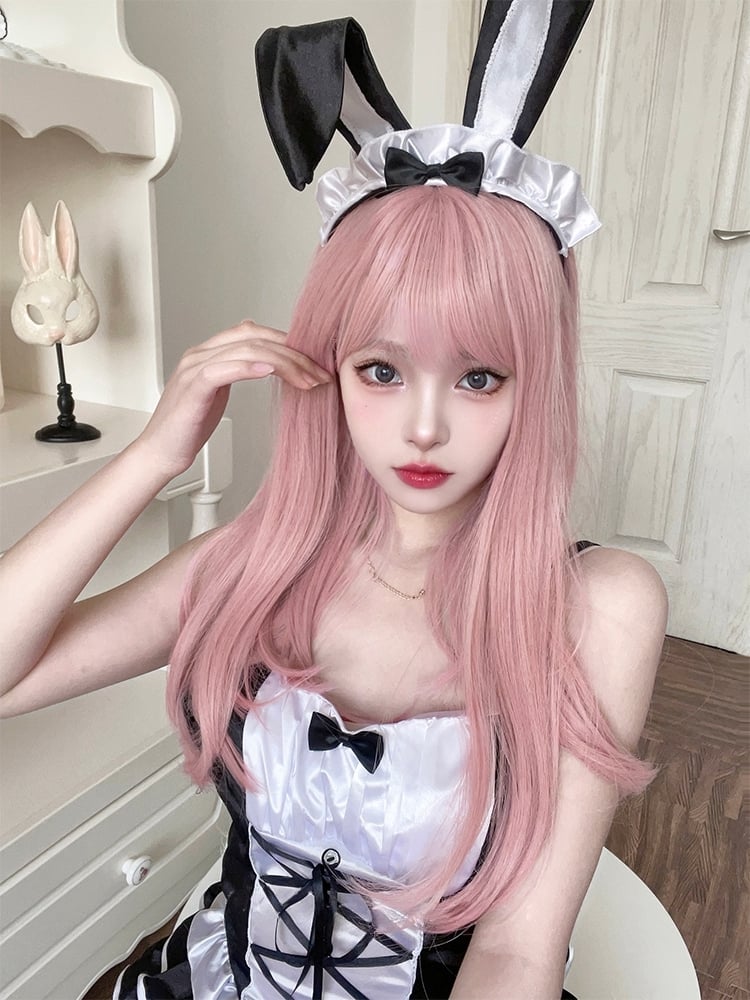 Pink Medium Length Synthetic Straight Wig with Full Bangs
