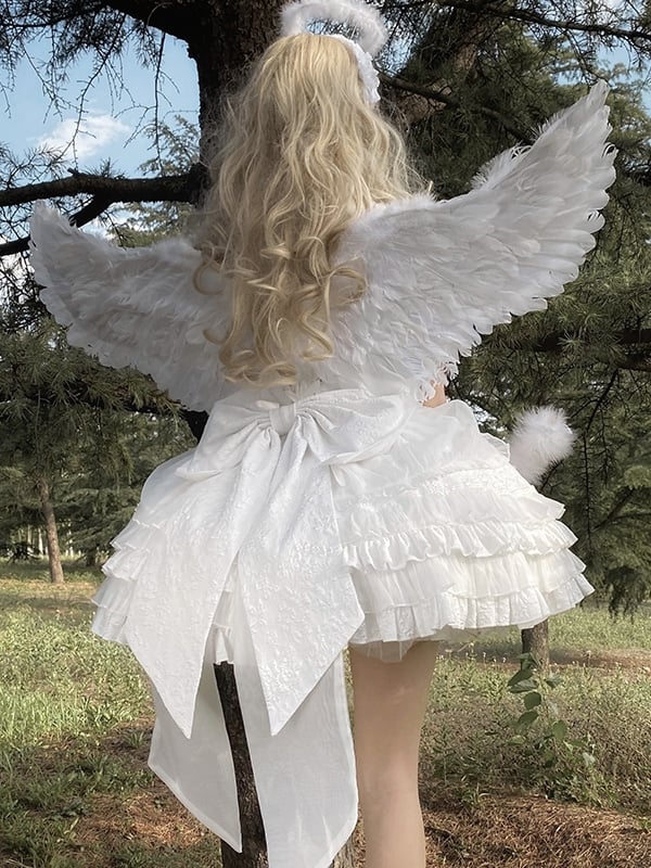 White Sweetheart Neckline Boned Bodice Balletcore Jumper Skirt Tiered Ruffles with Big Bow