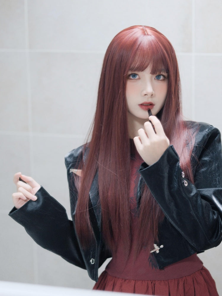 Wine Red Long Straight Synthetic Wig with Bangs