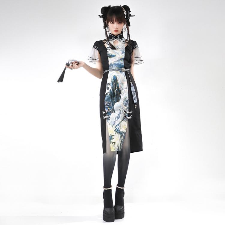 The Mountain Han Elements Banded Collar Cutout Detail Slit Dress